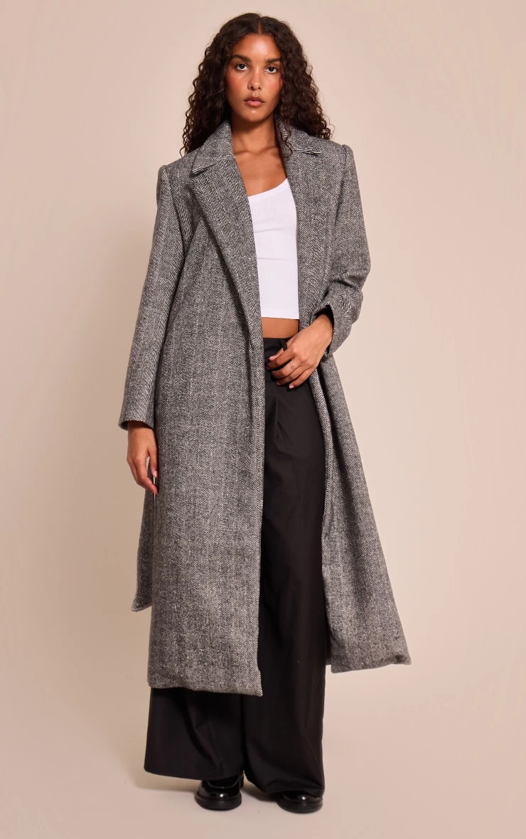 Prettylittlething Grey Herringbone Tie Waist Maxi Coat 3 Prettylittlething Grey Herringbone Tie Waist Maxi Coat - Image 3