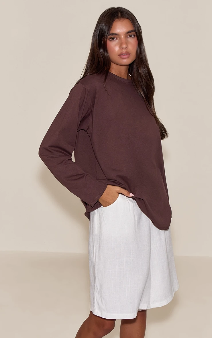 Prettylittlething Dark Chocolate Cotton Basic Oversized Long Sleeve T-shirt