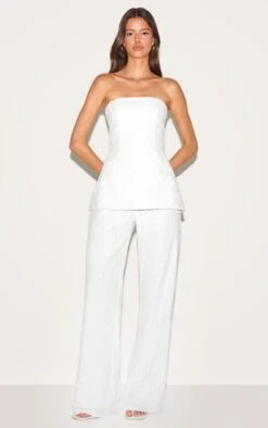 Prettylittlething White Lace Bandeau Overlay Straight Leg Jumpsuit