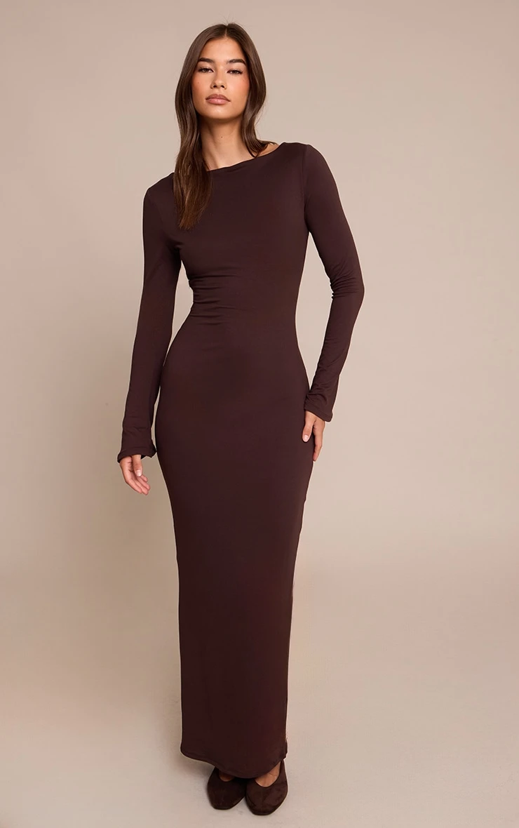 Prettylittlething Chocolate Soft Touch Jersey Long Sleeve Maxi Dress
