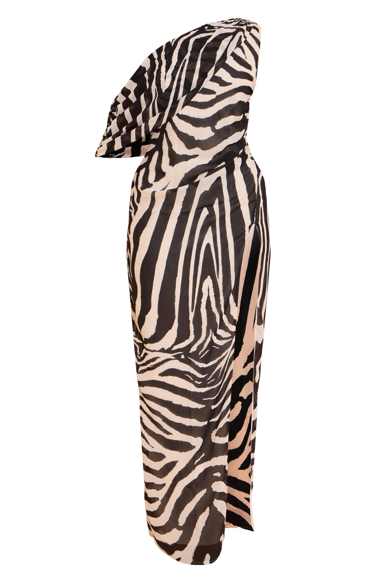 Prettylittlething Brown Zebra Printed Chiffon Drape Detail Maxi Dress - Image 5