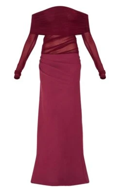 Prettylittlething Wine Satin Mesh Detail Bardot Maxi Dress -Pretty Little Thing Shop 7b9cc46e5f4ed742e3480d290c4a5294f97311fc CNM0583 5 wine satin mesh detail bardot maxi dress