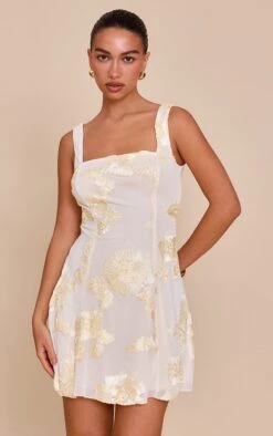 Prettylittlething Butter Yellow Embroidery Detail A-line Dress