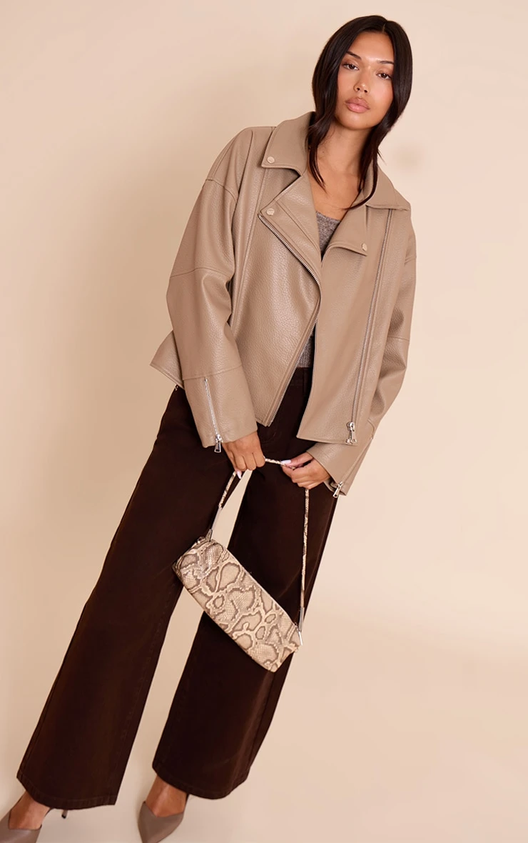 Prettylittlething Taupe Faux Leather Oversized Biker Jacket - Image 3