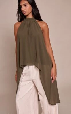 Khaki Chiffon Highneck Extreme Longline Top