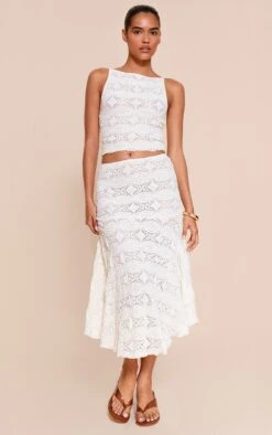Cream Textured Lace Midi Skirt