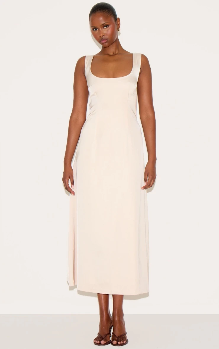 Prettylittlething Natural Satin Drop Waist Midi Dress 1 Prettylittlething Natural Satin Drop Waist Midi Dress