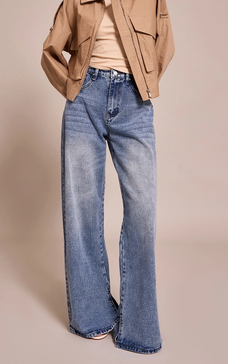 Prettylittlething Mid Blue Wash High Waist Split Hem Boyfriend Jeans - Image 2