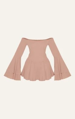 Prettylittlething Taupe Bardot Flare Sleeve Romper -Pretty Little Thing Shop 7c55ed81bd3e57f0975d2489aff4f1e979fd6360 CNL9222 5 taupe bardot flare sleeve playsuit