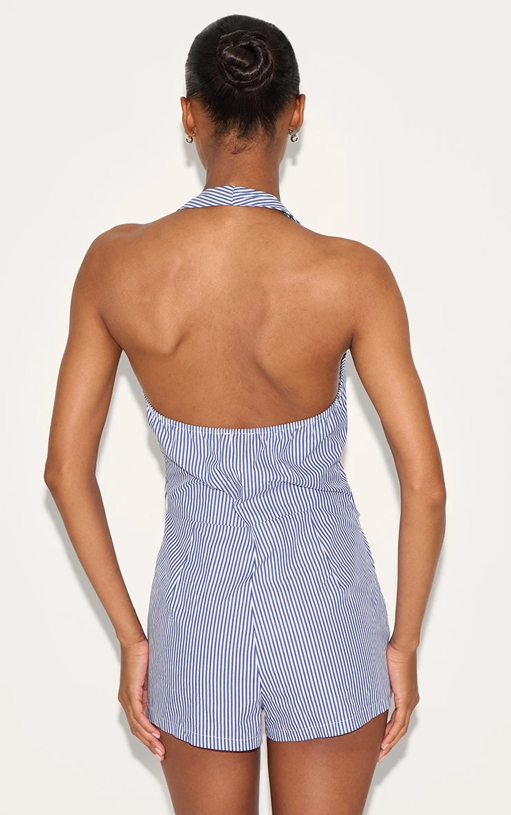 Prettylittlething Blue Pinstripe Halter Vest Tailored Romper 2 Prettylittlething Blue Pinstripe Halter Vest Tailored Romper - Image 2