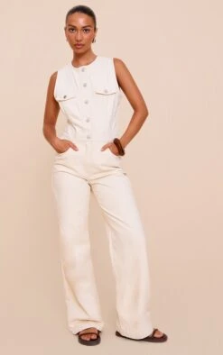 Prettylittlething Ecru Sleeveless Shirt Style Denim Jumpsuit -Pretty Little Thing Shop 7ca66e963138e9f27e0e9263f01858d46b323dfd CNN2913 3 ecru sleeveless shirt style denim jumpsuit