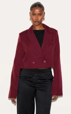 Prettylittlething Burgundy Woven Cropped Shoulder Padded Blazer