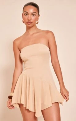 Prettylittlething Beige Woven Bandeau Frill Detail Romper