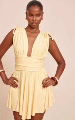 Lemon Jersey Plunge Neck Shift Dress