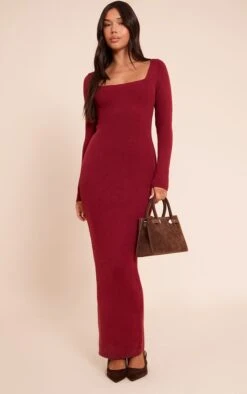 Burgundy Square Neck Knitted Maxi Dress