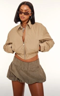 Prettylittlething Olive Canvas Collar Detail Zip Up Jacket