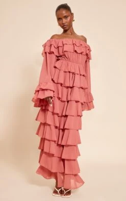 Blush Chiffon Bardot Extreme Frill Maxi Dress