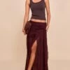 Prettylittlething Dark Chocolate Chiffon Lined Tie Front Maxi Skirt