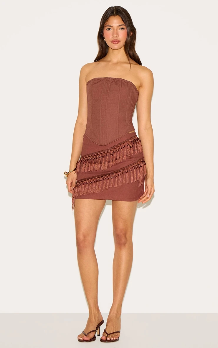 Prettylittlething Chocolate Linen Tassle Detail Mini Skirt 4 Prettylittlething Chocolate Linen Tassle Detail Mini Skirt - Image 4