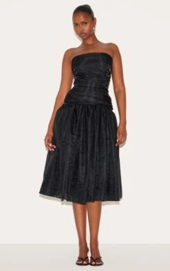 Prettylittlething Black Organza Ruched Bodice Midi Dress