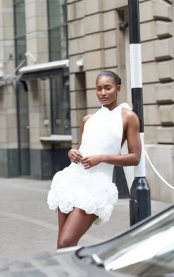 Prettylittlething Premium White Woven Floral Ruffle Detail High Neck Cowl Bodycon Dress