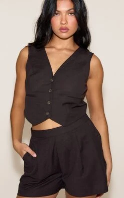 Prettylittlething Chocolate Linen Look Oversized Detail Floaty Short