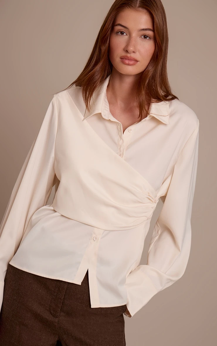 Prettylittlething Cream Satin Drape Detail Long Sleeve Shirt 1 Prettylittlething Cream Satin Drape Detail Long Sleeve Shirt