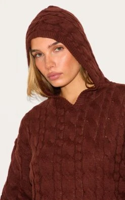 Prettylittlething Chocolate Cable Knit Oversized Hoodie -Pretty Little Thing Shop 7e050c4df5f24fcc8944670d2aec385a8e14f796 CNJ2096 4 chocolate cable knit oversized hoodie