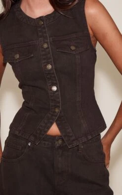 Prettylittlething Dark Chocolate Collarless Button Up Denim Top -Pretty Little Thing Shop 7e4ac6ee2f72b6b6943779caa38012441bf809dc CNN6689 4 dark chocolate collarless button up crop top