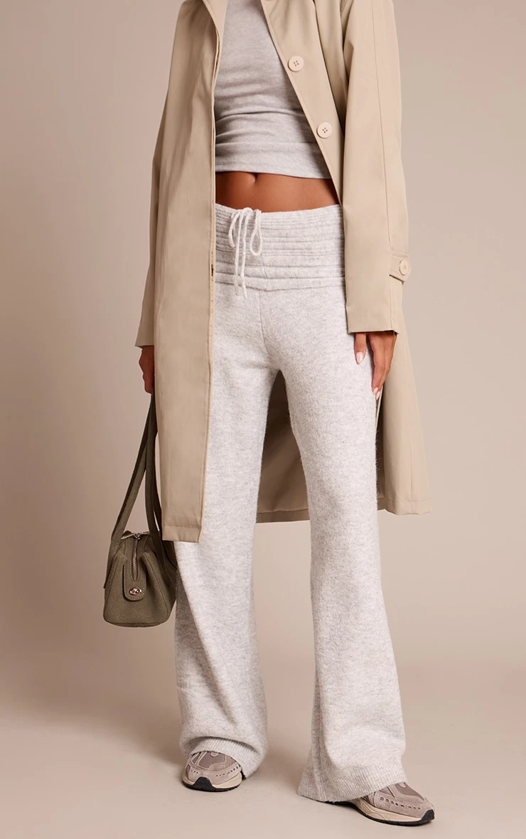 Prettylittlething Light Grey Rib Soft Knit Fold Over Pant 2 Prettylittlething Light Grey Rib Soft Knit Fold Over Pant - Image 2