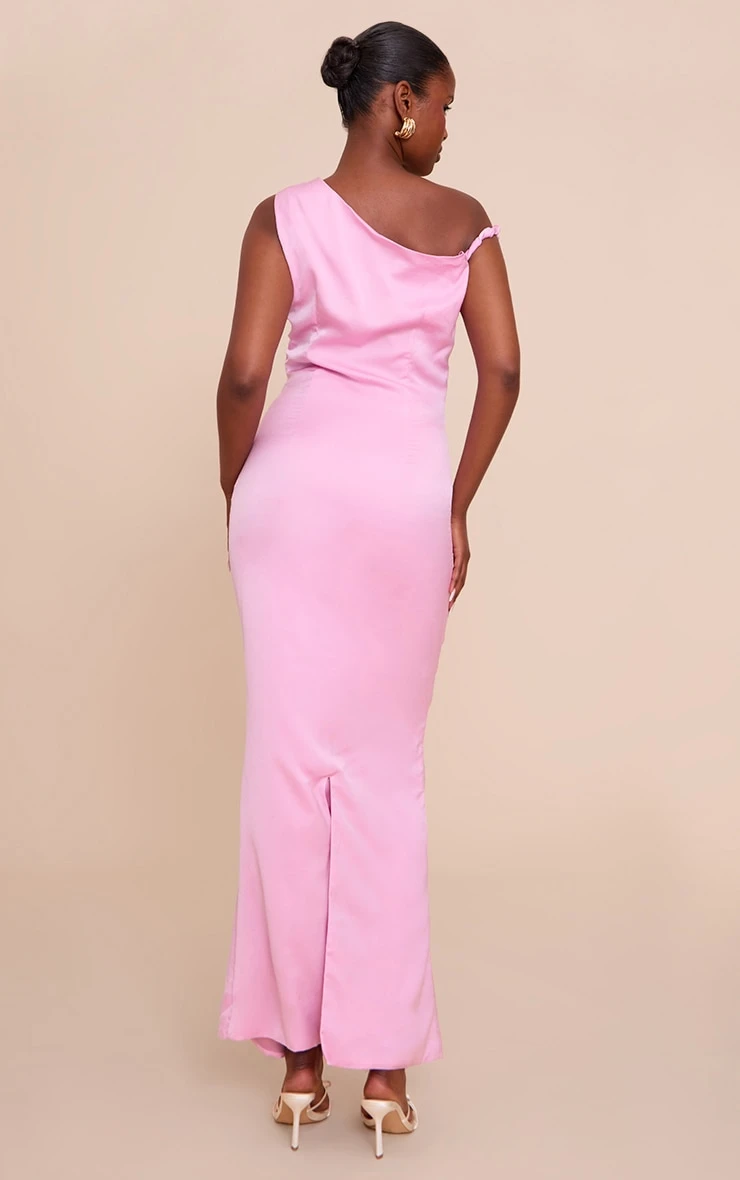 Prettylittlething Candy Pink Satin Asymmetric Bardot Twist Maxi Dress - Image 2