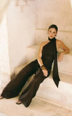 Prettylittlething Chocolate Textured One Shoulder Scarf Detail Jumpsuit