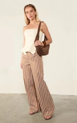 Prettylittlething Chestnut Cotton Striped Straight Leg Pants