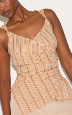 Prettylittlething Orange Linen Look Striped Ruched Wrap Front Top 8 Prettylittlething Orange Linen Look Striped Ruched Wrap Front Top -Pretty Little Thing Shop 7ede59dec46f60d0960bad39db5bf616e1470a5e CNM5790 4 orange lightweight woven striped ruched wrap front top