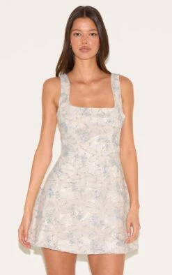 Prettylittlething Blue Floral Jacquard Shift Dress