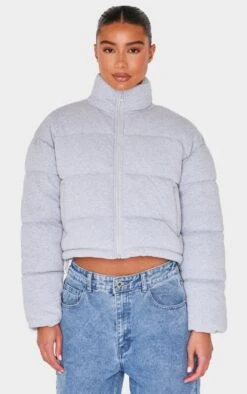 Prettylittlething Grey Knit Jersey Cropped Padded Jacket