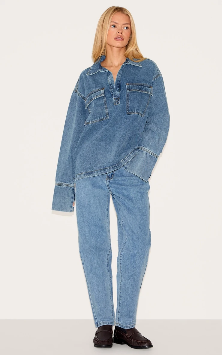 Prettylittlething Vintage Blue Long Sleeve Slouchy Denim Rugby Shirt - Image 3
