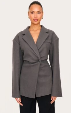 Prettylittlething Charcoal Wool Look Cinched Blazer