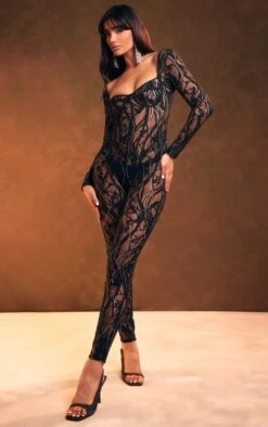 Black Lace Diamante Underwired Long Sleeve Jumpsuit