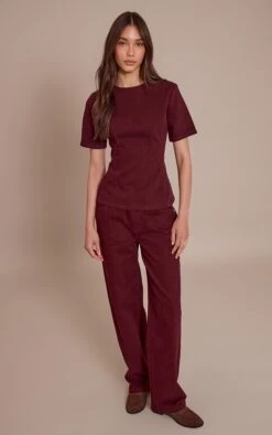 Prettylittlething Dark Burgundy Cinched Waist Peplum Denim Top -Pretty Little Thing Shop 7fe22e2e0144f7153b103bf1cee9001868ede34a CNN2181 3 dark burgundy cinched waist peplum denim top