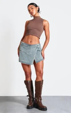 Vintage Wash Mid Rise Denim Wrap Over Mini Skirt