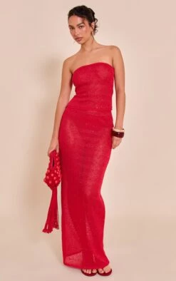 Prettylittlething Tomato Red Textured Sequin Maxi Skirt