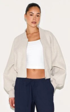 Prettylittlething Stone Ruched Sleeve Cropped Bomber Jacket