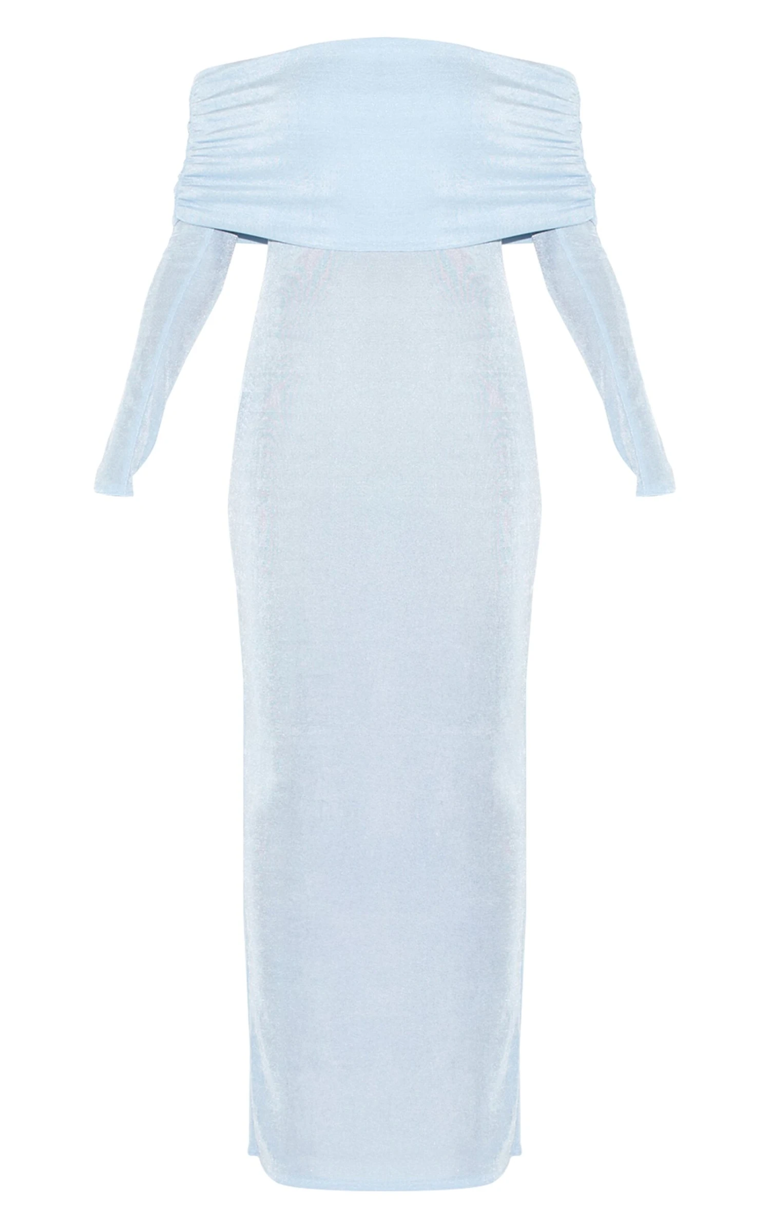 Prettylittlething Light Blue Acetate Slinky Bardot Long Sleeve Maxi Dress - Image 5