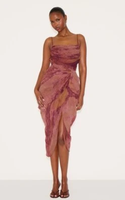 Prettylittlething Dark Purple Abstract Print Chiffon Ruched Drape Midi Dress