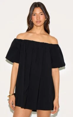 Prettylittlething Black Bardot Puff Sleeve Shift Dress