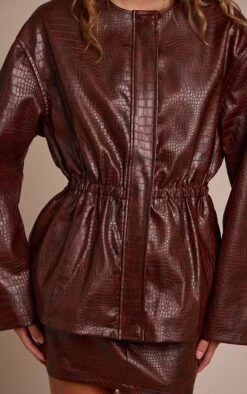 Brown Croc Faux Leather Cinched Waist Jacket -Pretty Little Thing Shop 80edb606ac4606c71762e9a79604640be08b5cd3 CNO0695 4 brown croc faux leather cinched waist jacket