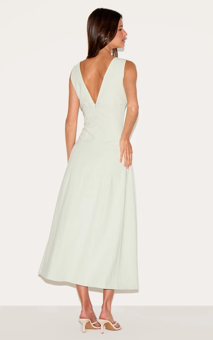 Prettylittlething Sage Green Tailored Woven Plunge Button Down Midi Dress - Image 2