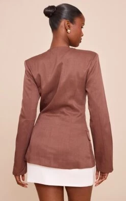 Prettylittlething Brown Collarless Cinched Waist Boxy Blazer -Pretty Little Thing Shop 81446b95938511a62a42d451be5fa2c0df9847cb CNM4375 2 brown collarless cinched waist boxy blazer