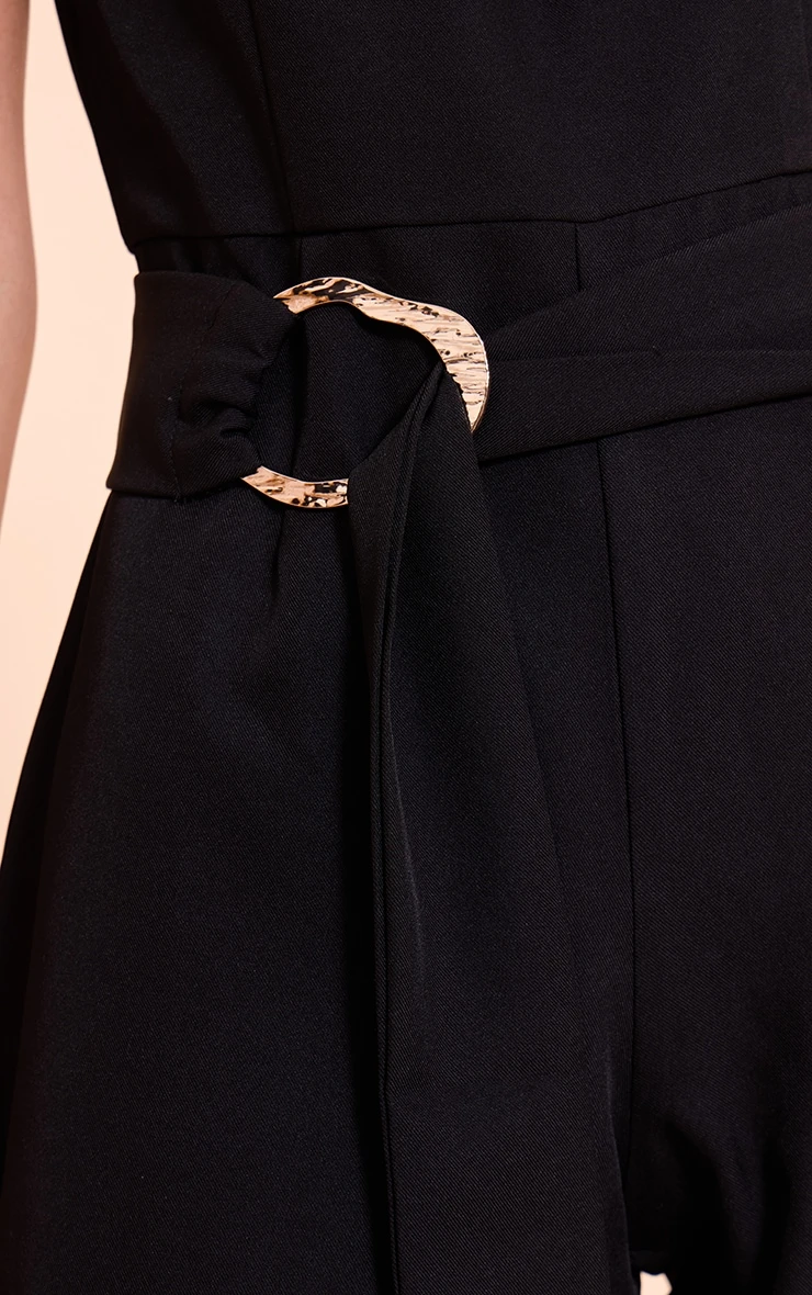 Black Woven Crew Neck Belt Wide Leg Jumpsuit - Image 4